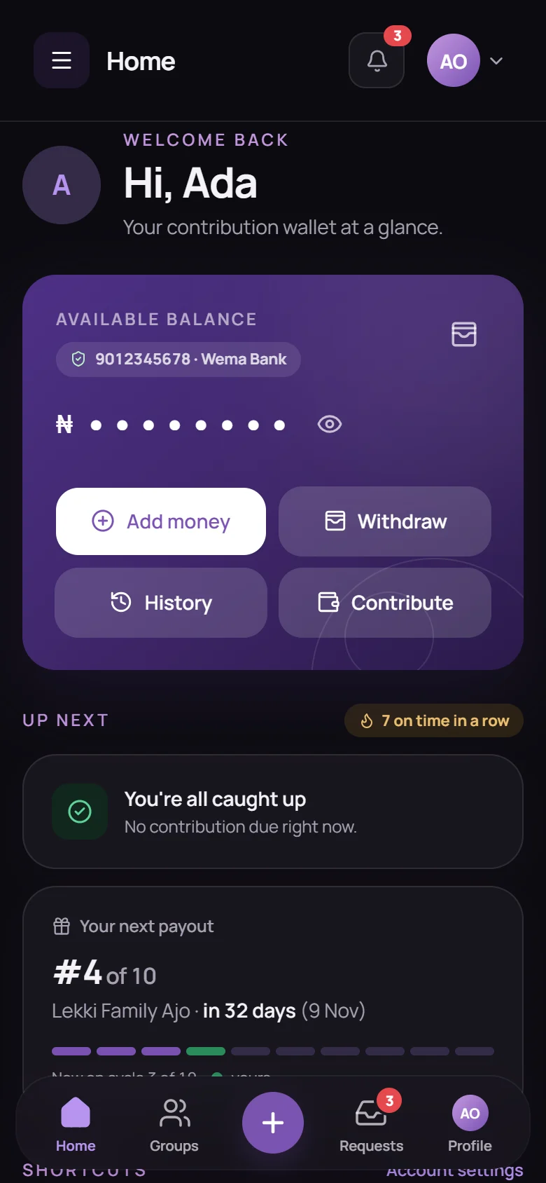 HAJOR home screen: the wallet balance card, quick actions and the next payout